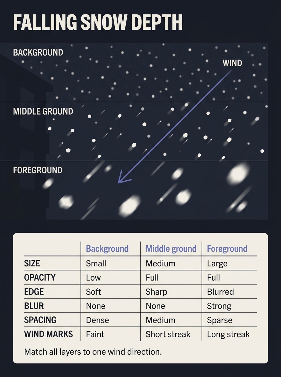 Falling snow depth Infographic comparing background, middle-ground, and foreground flakes for convincing falling snow depth | Sky Rye Design Infographic comparing background, middle-ground, and foreground flakes for convincing falling snow depth