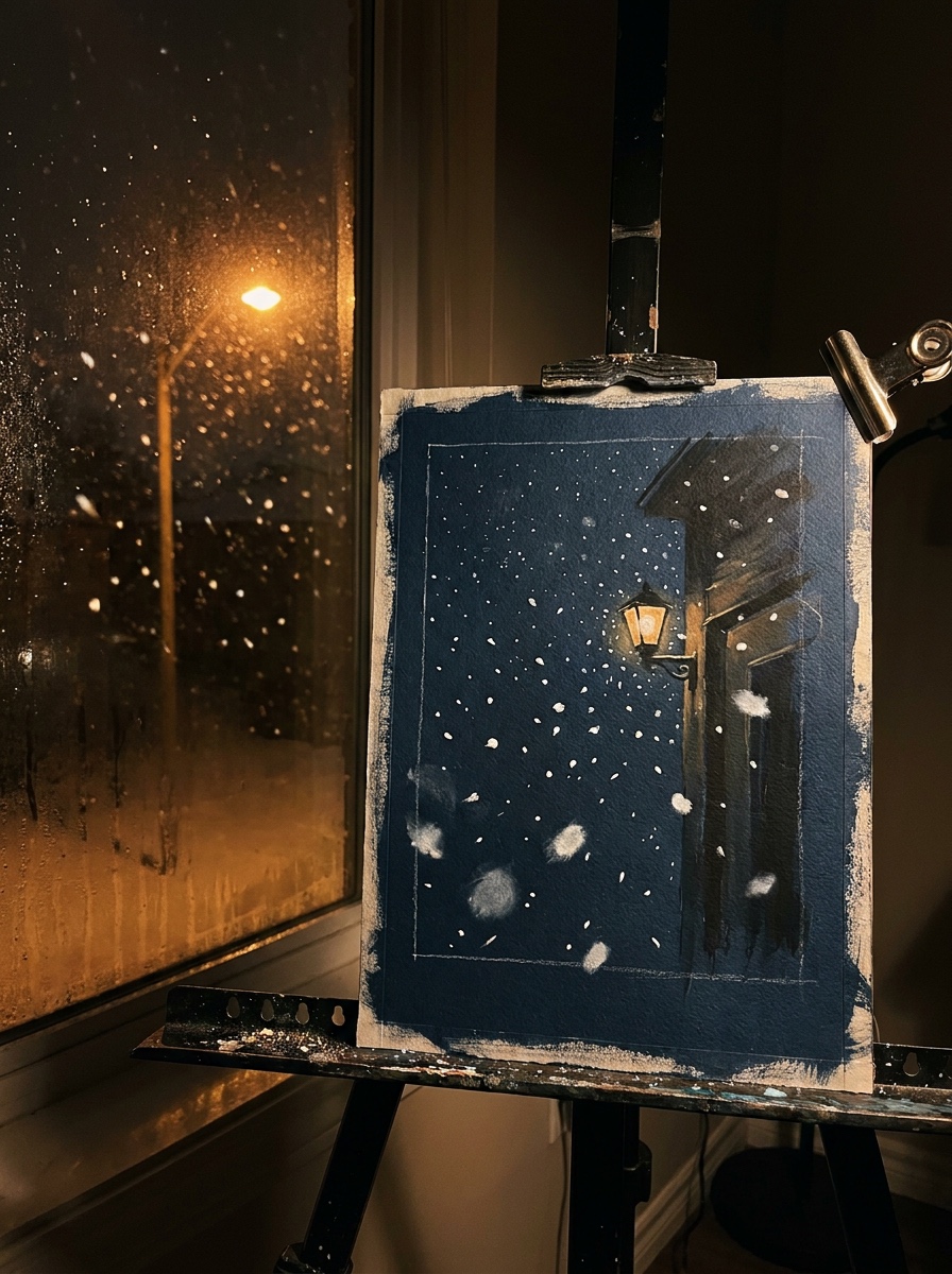 Falling snow at night depth study Gouache study of falling snow at night with three flake sizes= Gouache study of falling snow at night with three flake sizes on dark blue paper
