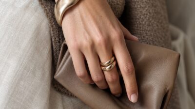Model holding a fashion accessory against softly lit neutral fabric