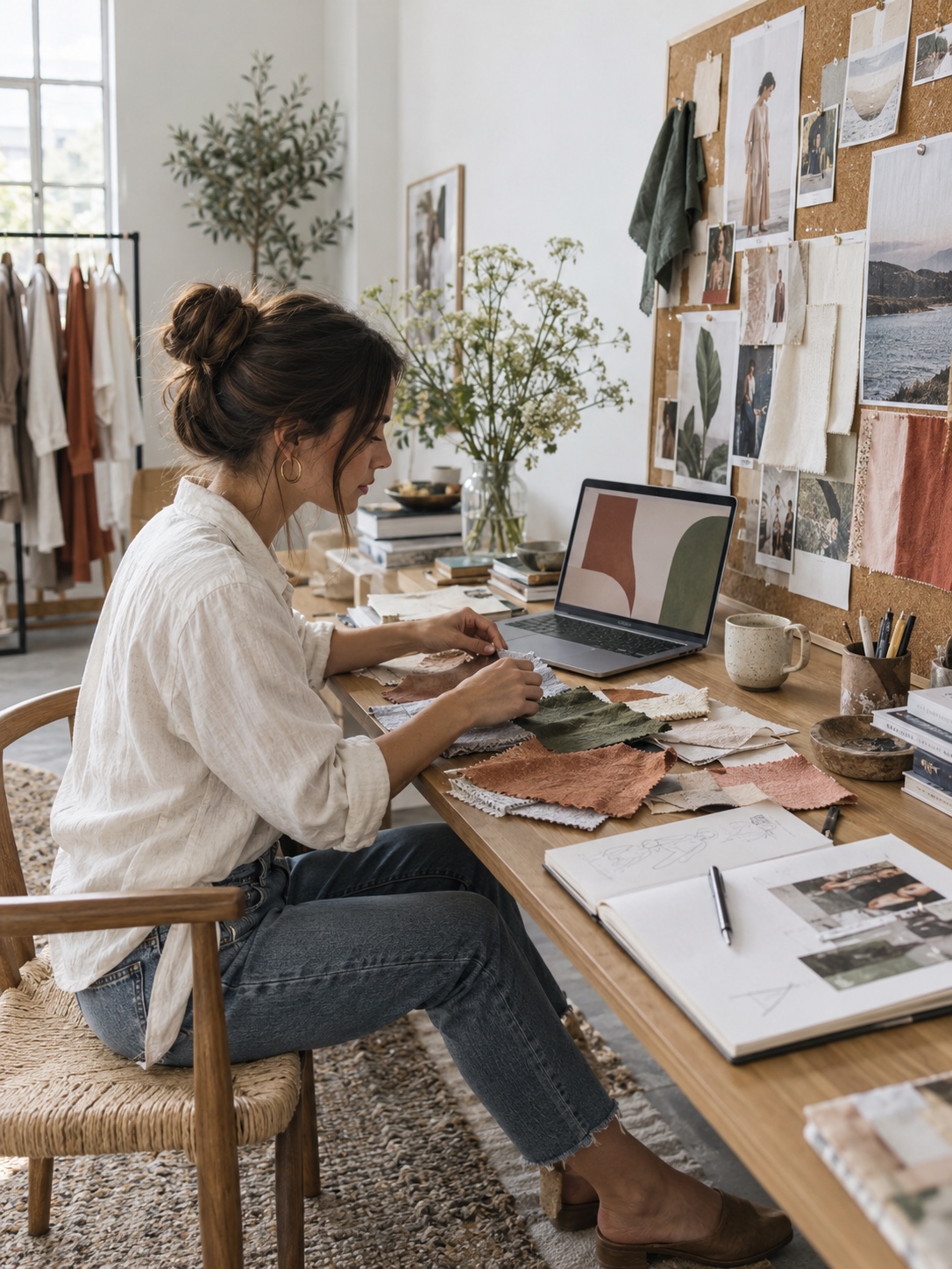Fashion blogger workspace and mood board Fashion blogger workspace with a laptop, mood board, and fabric swatches | Sky Rye Design Fashion blogger workspace with a laptop, mood board, and fabric swatches
