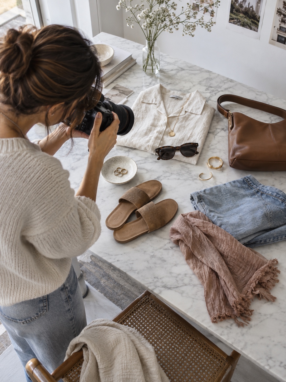 Fashion creator photographing a flat lay Fashion creator photographing clothes and accessories arranged on a marble surface | Sky Rye Design Fashion creator photographing clothes and accessories arranged on a marble surface