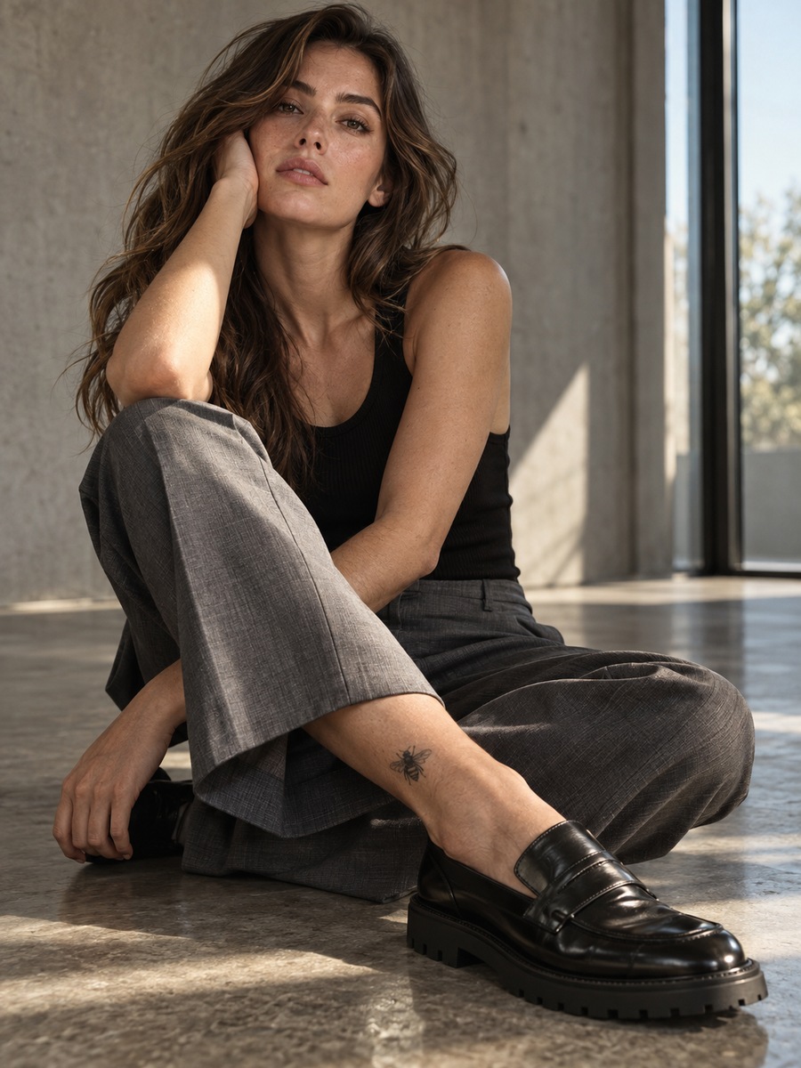 Fine-line bee tattoo on the ankle beside a black loafer