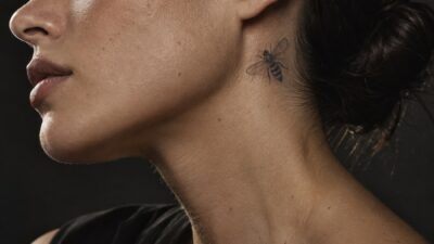 Fine-line honeybee tattoo below the ear on an adult model