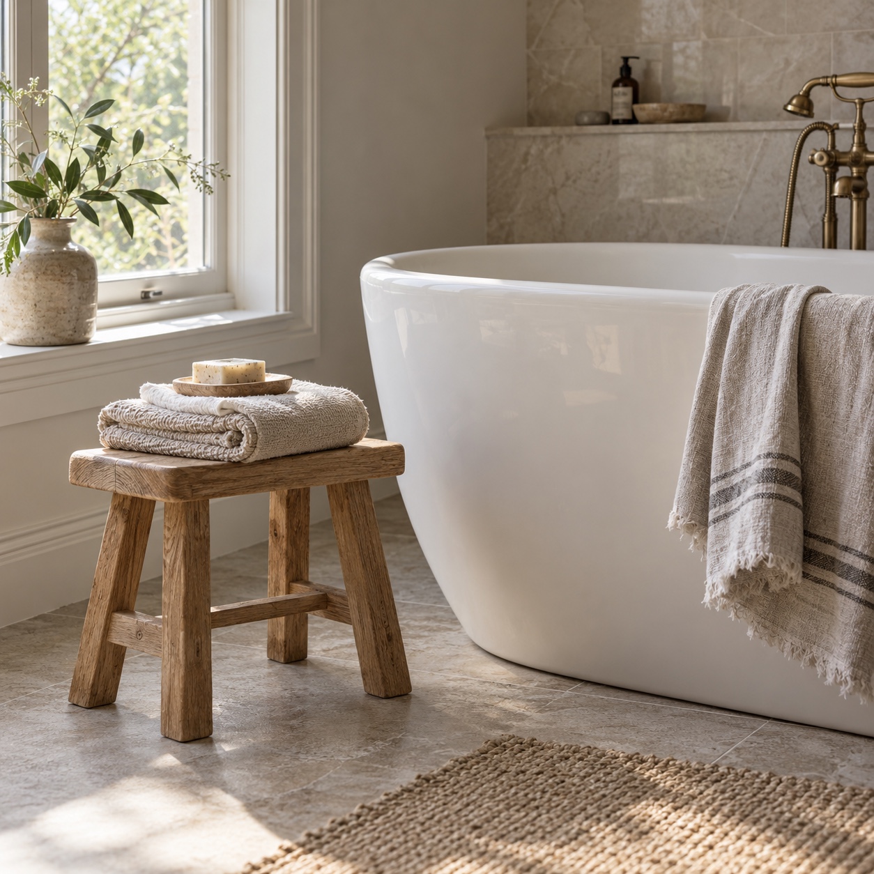 Finished bathroom corner with a white bathtub, oak stool and folded linen towels