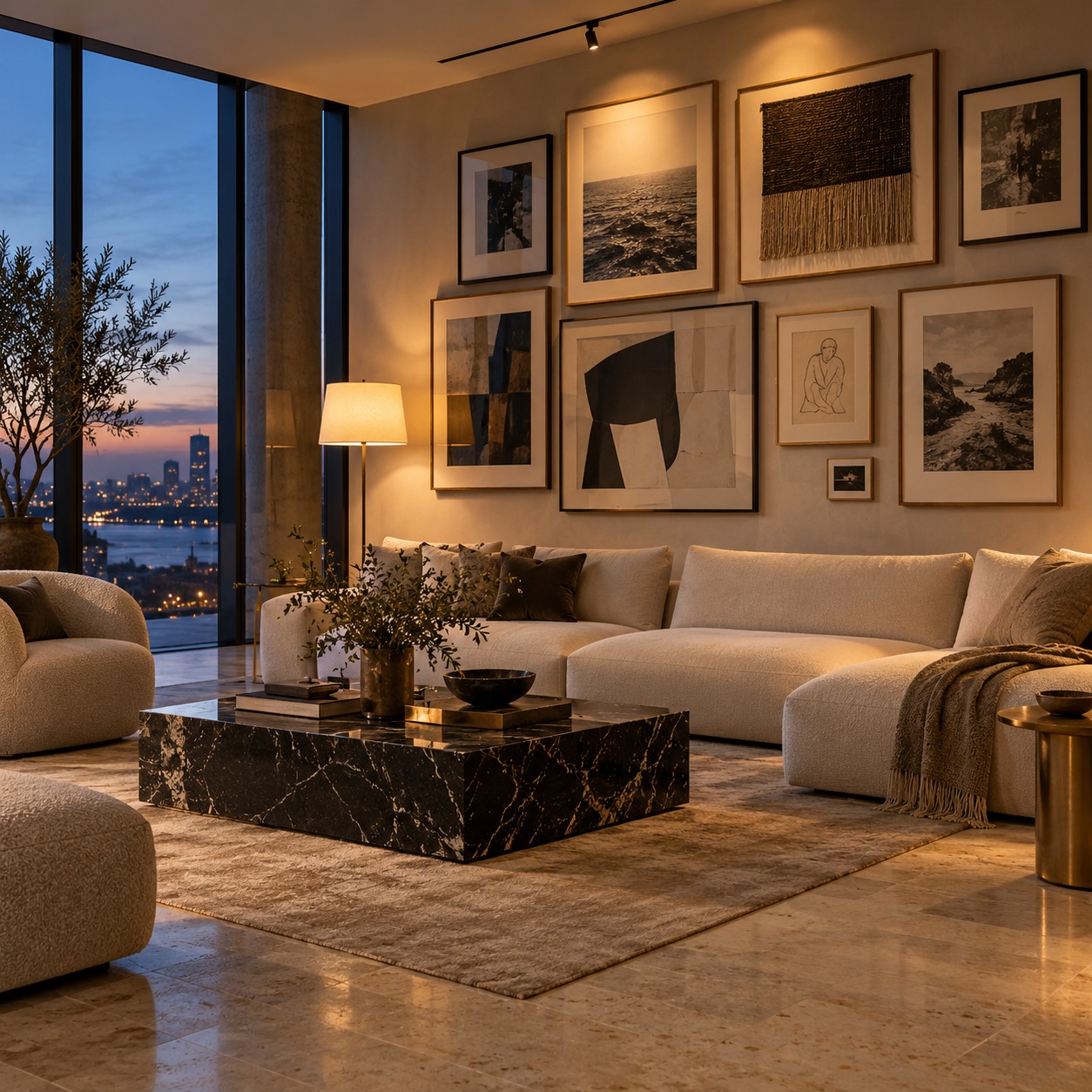 Finished mixed-frame gallery wall in a calm ultra-modern living room at blue hour