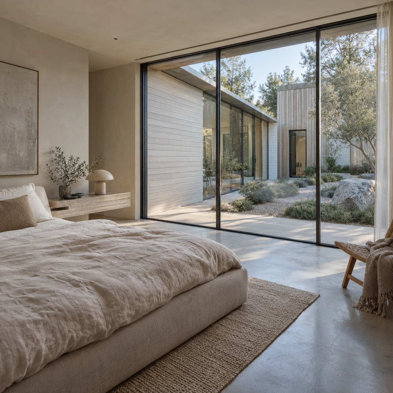 Modern bedroom overlooking a finished mixed-direction siding facade