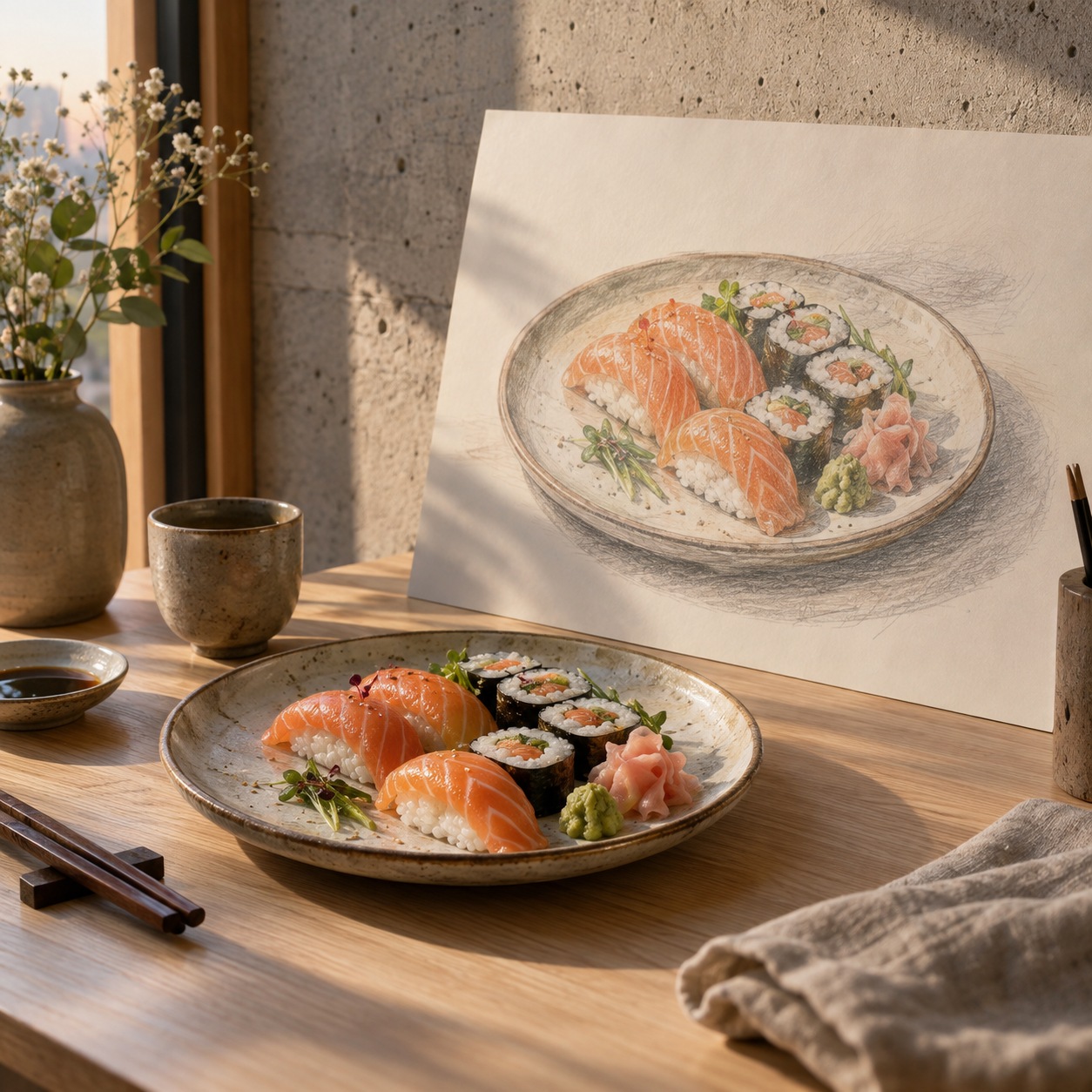 Finished sushi plate beside a completed pencil and marker study in warm studio light