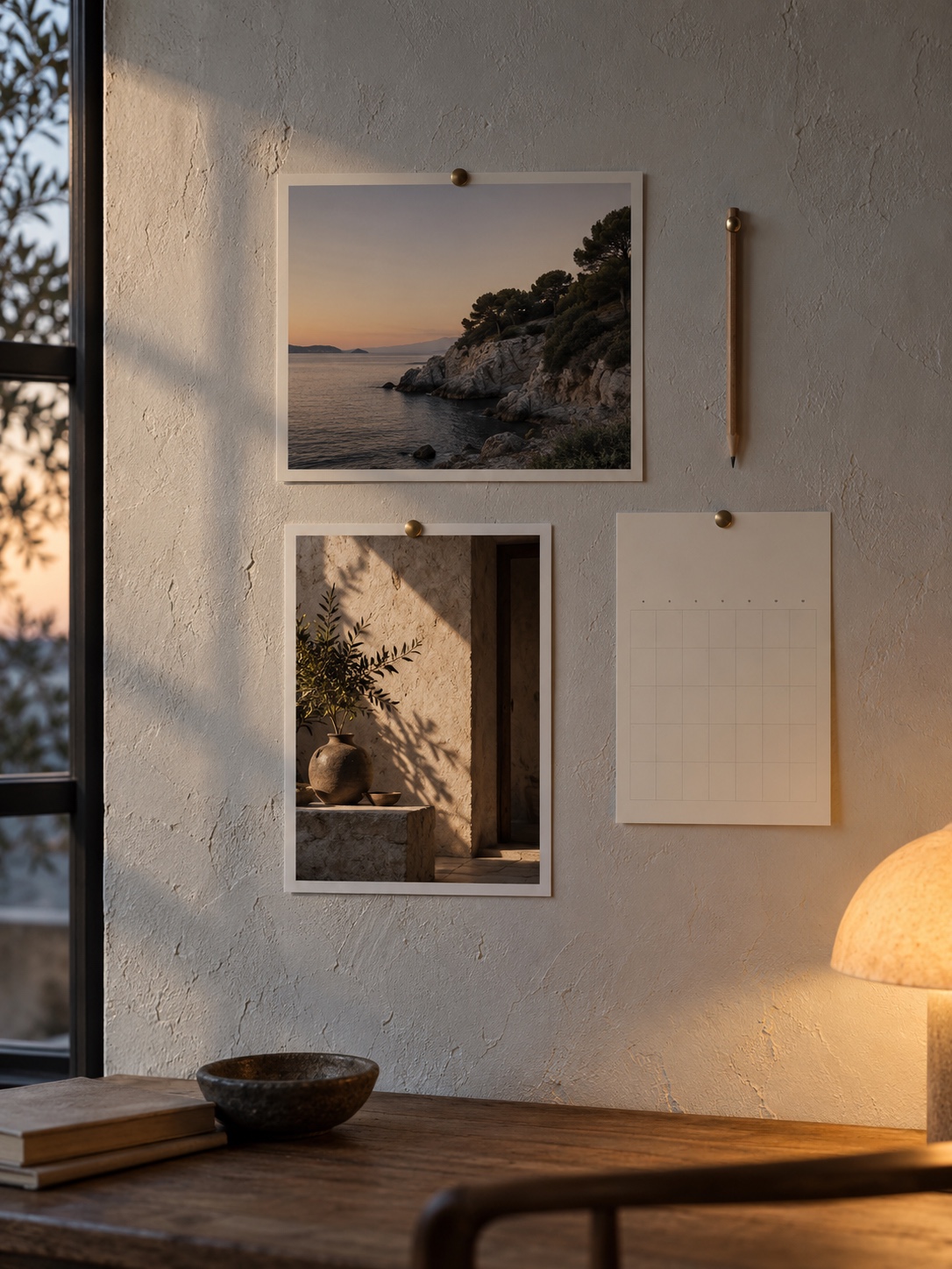 A finished two-photograph board on a plaster wall with a pencil and a small calendar page beside it evening window light A finished two-photograph board on a plaster wall with a pencil and a small calendar page beside it, evening window light | Sky Rye Design A finished two-photograph board on a plaster wall with a pencil and a small calendar page beside it, evening window light