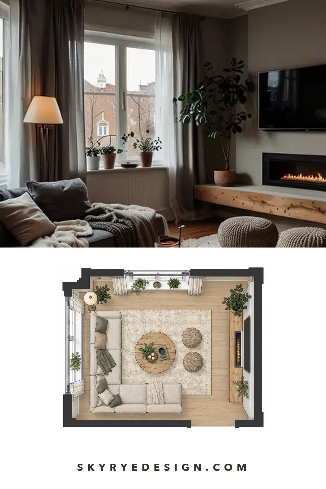 Fireplace living room photo paired with a floor plan showing an L-shaped sofa, round coffee table, poufs, and media wall