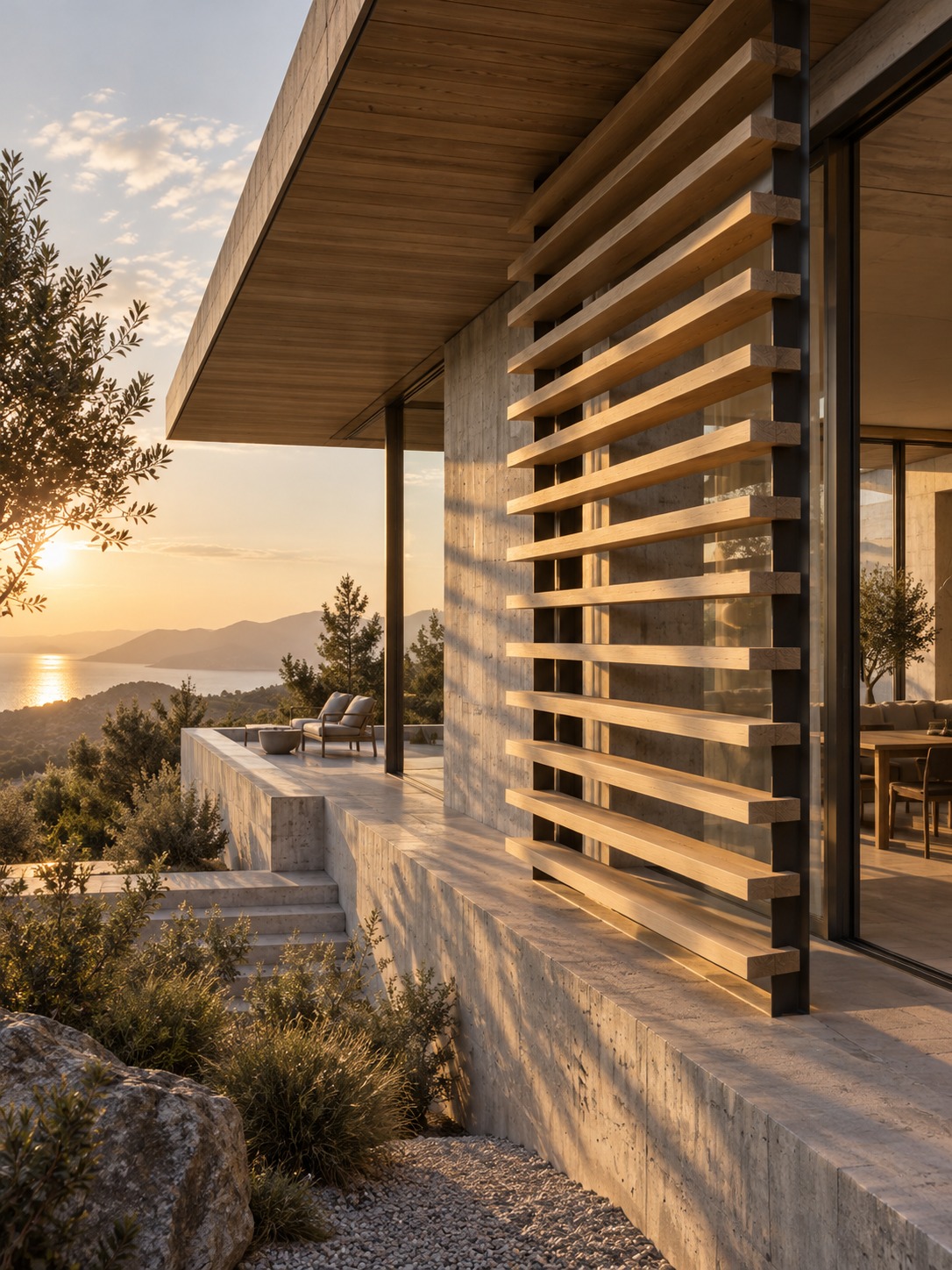 Fixed timber fins and a deep roof overhang shading a modern home