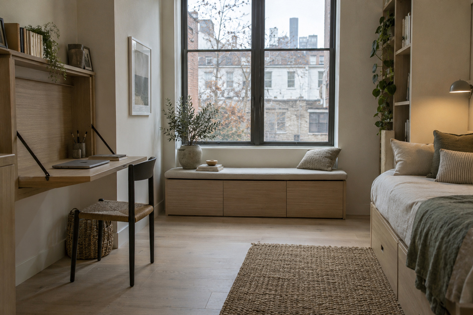 Flexible apartment guest room with a fold-down desk and storage bench