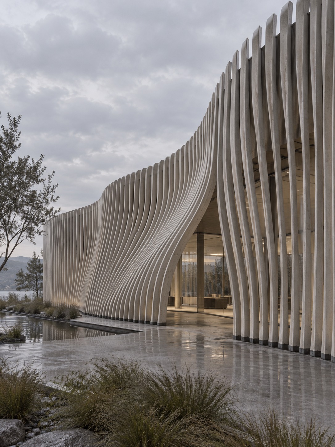 Flexible vertical slats bending in a wave along a pavilion facade