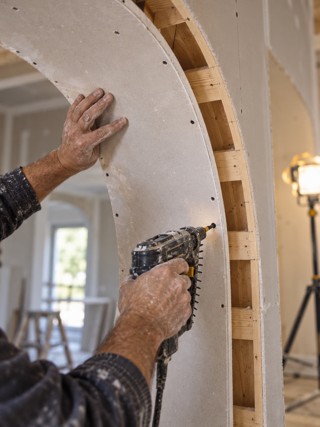 Flexible gypsum board arch Installer fastening flexible gypsum board to curved arch framing | Sky Rye Design Installer fastening flexible gypsum board to curved arch framing