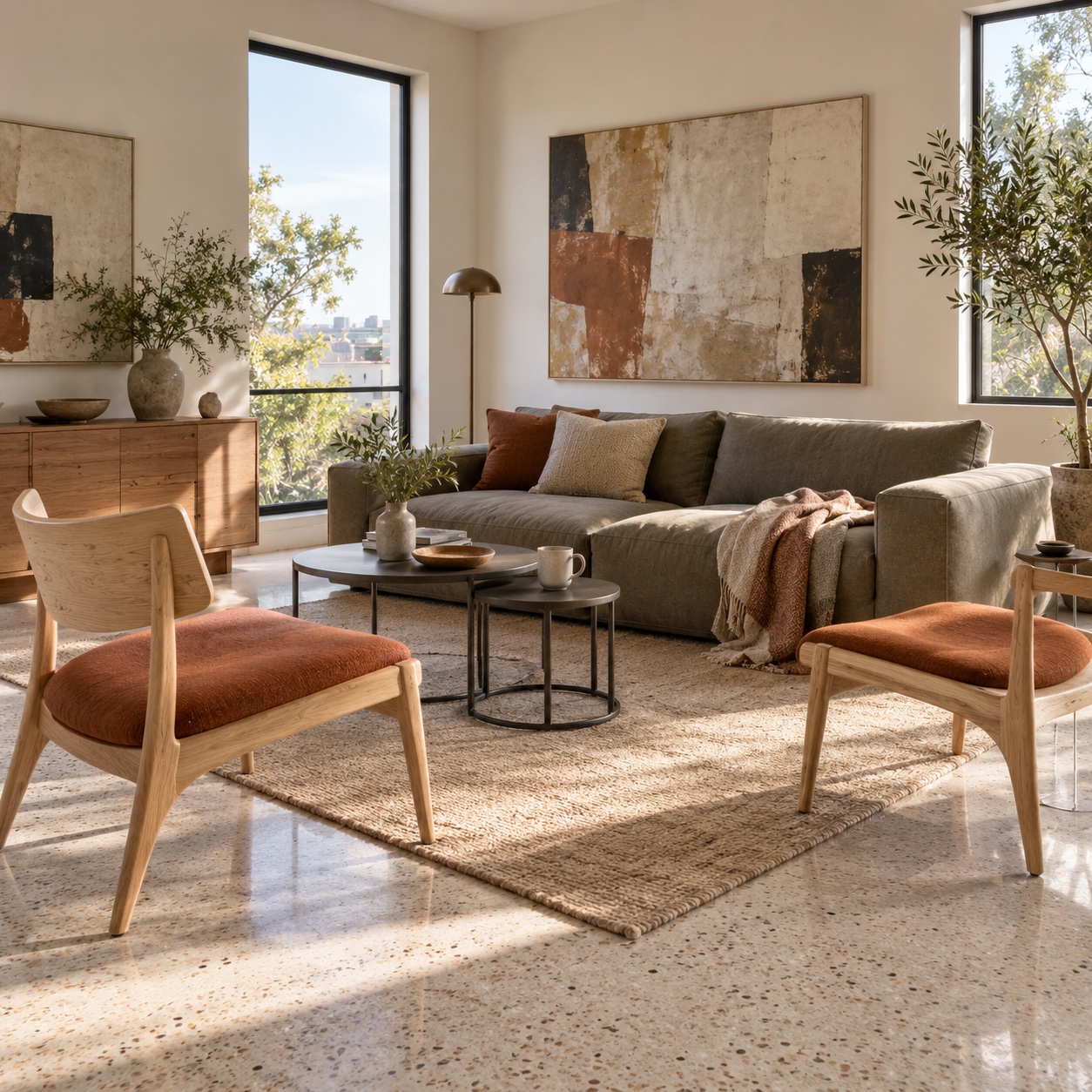 Two lightweight lounge chairs and nesting tables rearranged around a low sofa for guests
