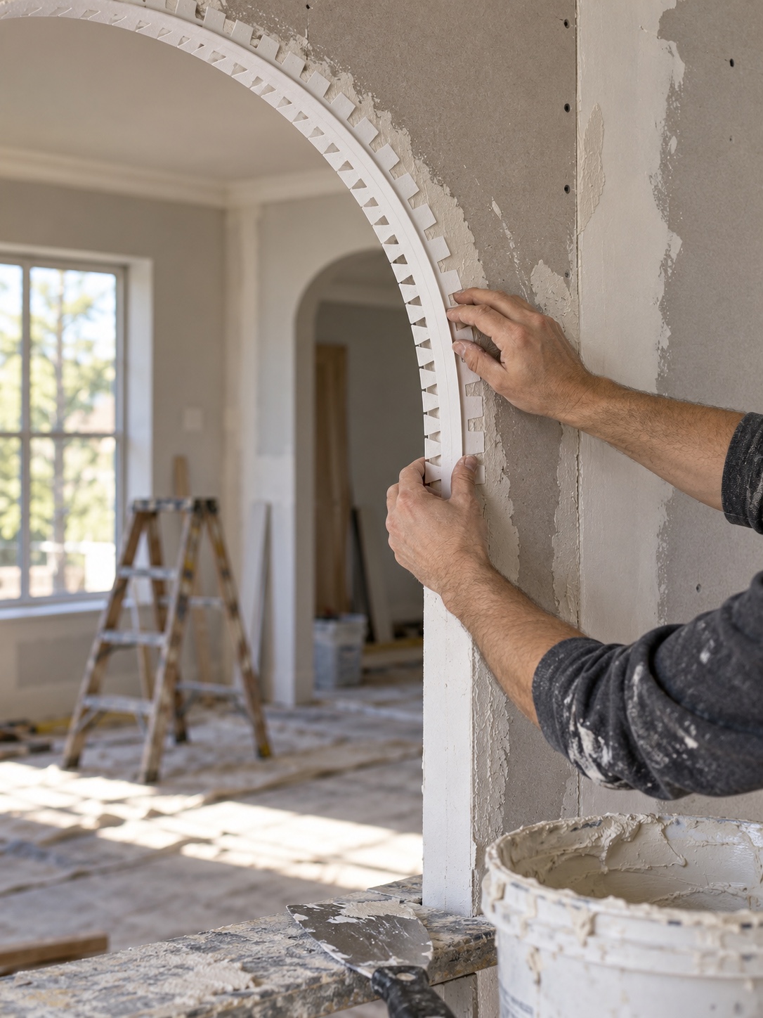 Flexible vinyl arch bead Installer fitting notched vinyl corner bead around a drywall arch | Sky Rye Design Installer fitting notched vinyl corner bead around a drywall arch