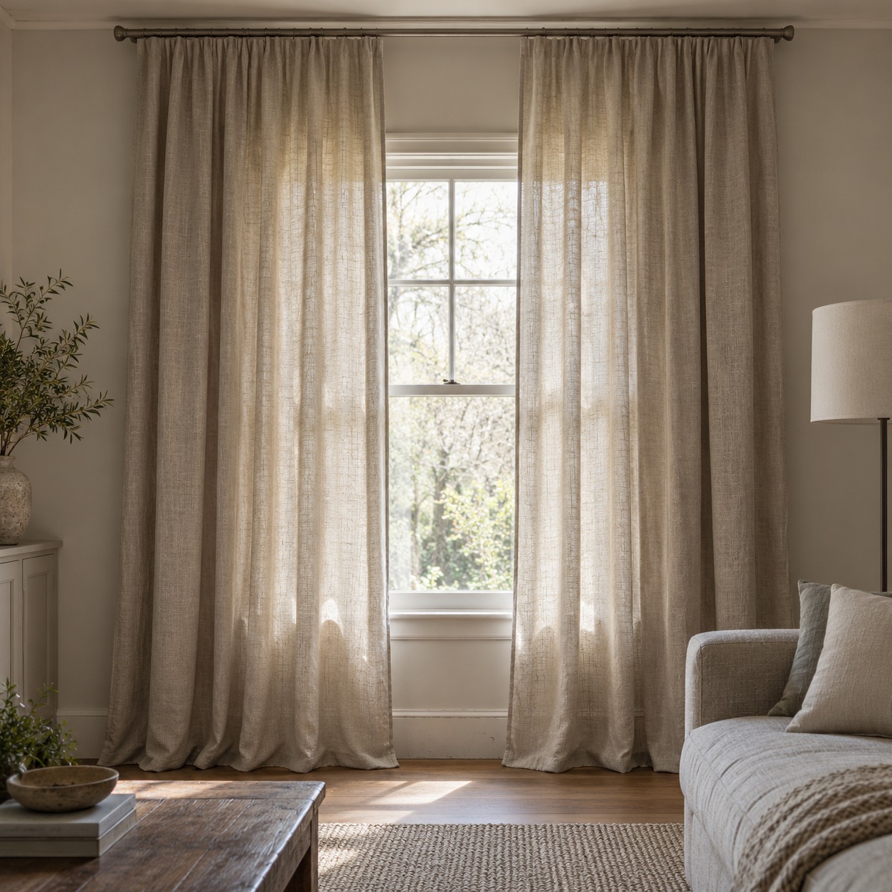Floor-length oatmeal linen curtains hung near the ceiling in a living room