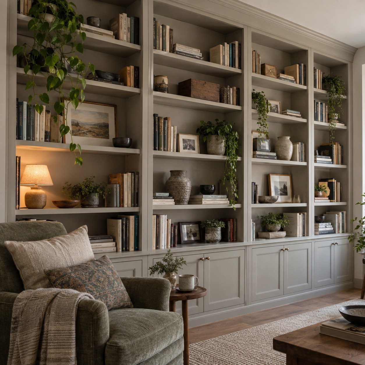 Stone-colored built-in bookcases with books, photos, plants, and open shelves