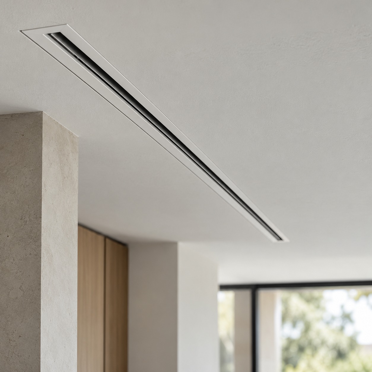 Flush white ceiling air diffuser Slim white linear air diffuser set flush into a textured plaster ceiling. | Sky Rye Design Slim white linear air diffuser set flush into a textured plaster ceiling.