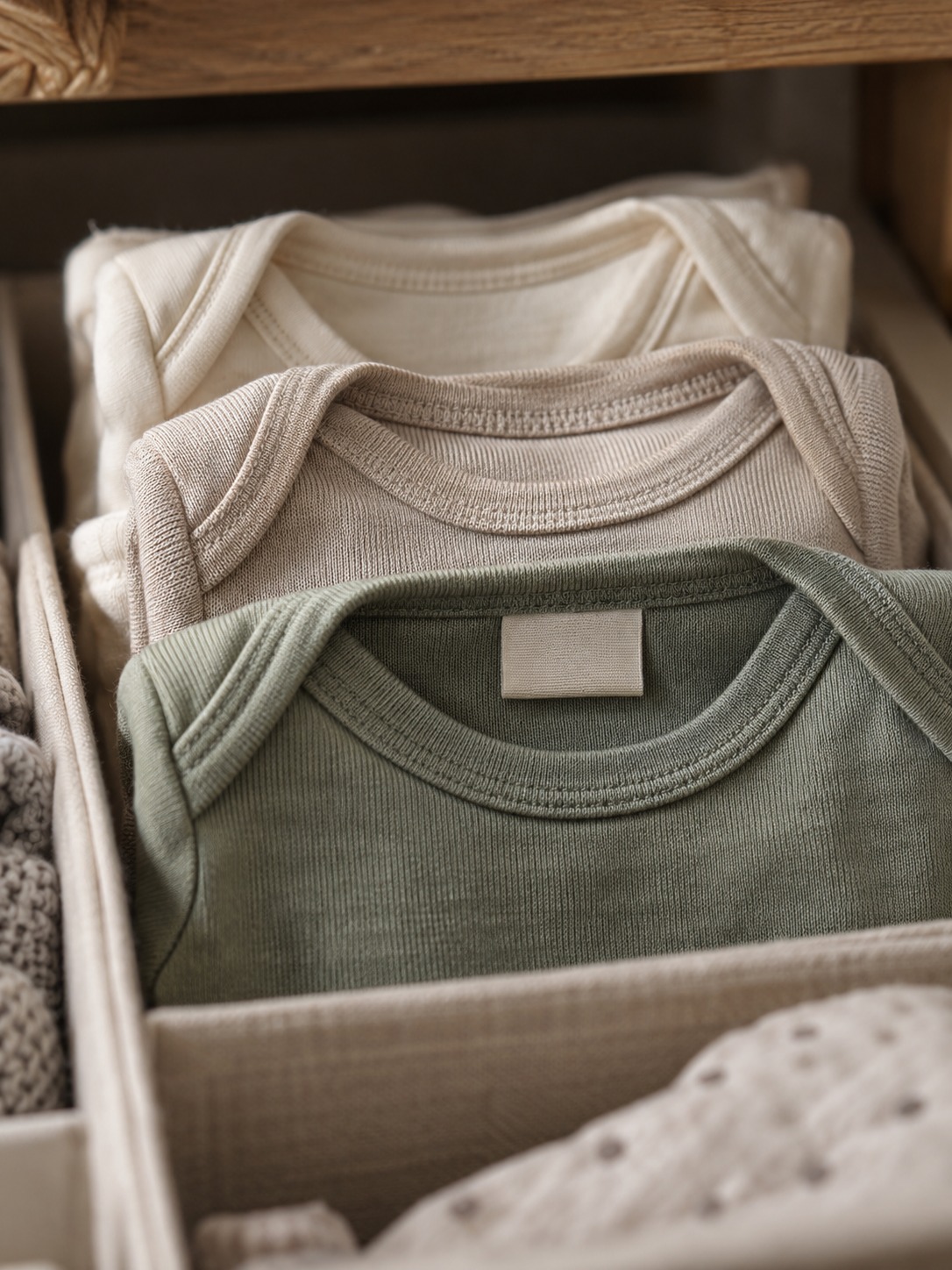 Folded baby onesies drawer compartment Sage, oat and cream bodysuits folded in a drawer compartment | Sky Rye Design Sage, oat and cream bodysuits folded in a drawer compartment