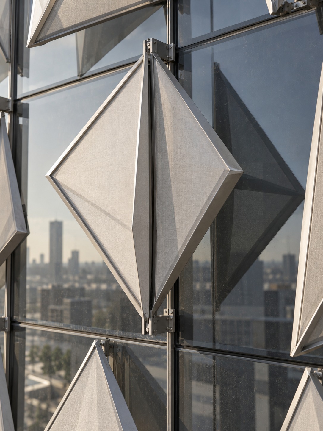 A folding metal and translucent membrane screen casting a triangular shadow
