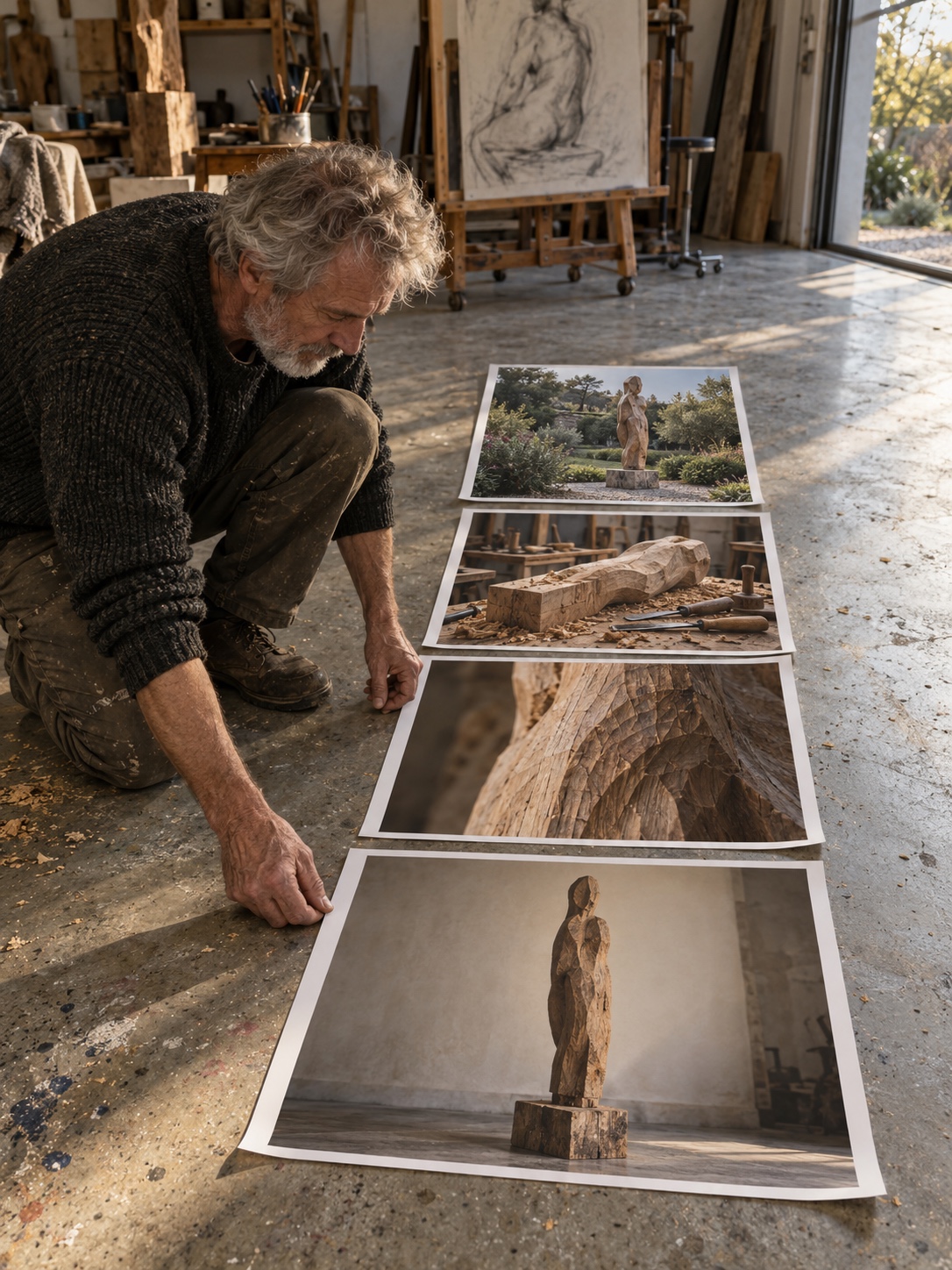 Whole first close-up later Four prints laid in a row on a studio floor: a full sculpture, a surface close-up, a work-in-progress shot and the piece installed in a garden | Sky Rye Design Four prints laid in a row on a studio floor: a full sculpture, a surface close-up, a work-in-progress shot and the piece installed in a garden