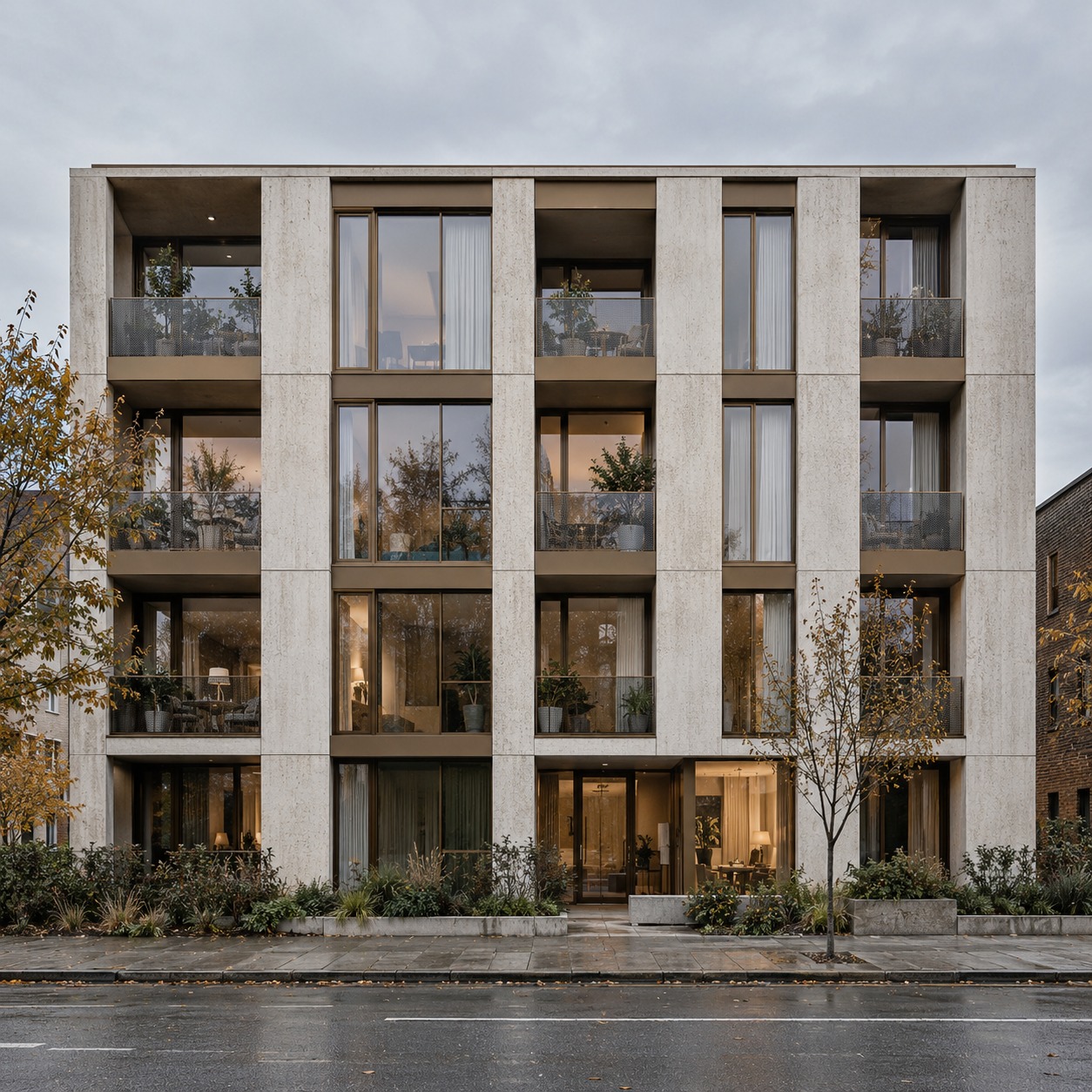 Four storey residential building facade Four-storey residential facade with pale concrete and bronze-framed glazing | Sky Rye Design Four-storey residential facade with pale concrete and bronze-framed glazing