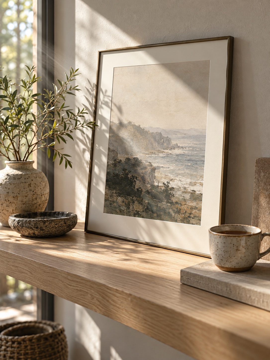A framed print on a pale oak shelf catching morning window light dust visible in the beam A framed print on a pale oak shelf catching morning window light, dust visible in the beam | Sky Rye Design A framed print on a pale oak shelf catching morning window light, dust visible in the beam