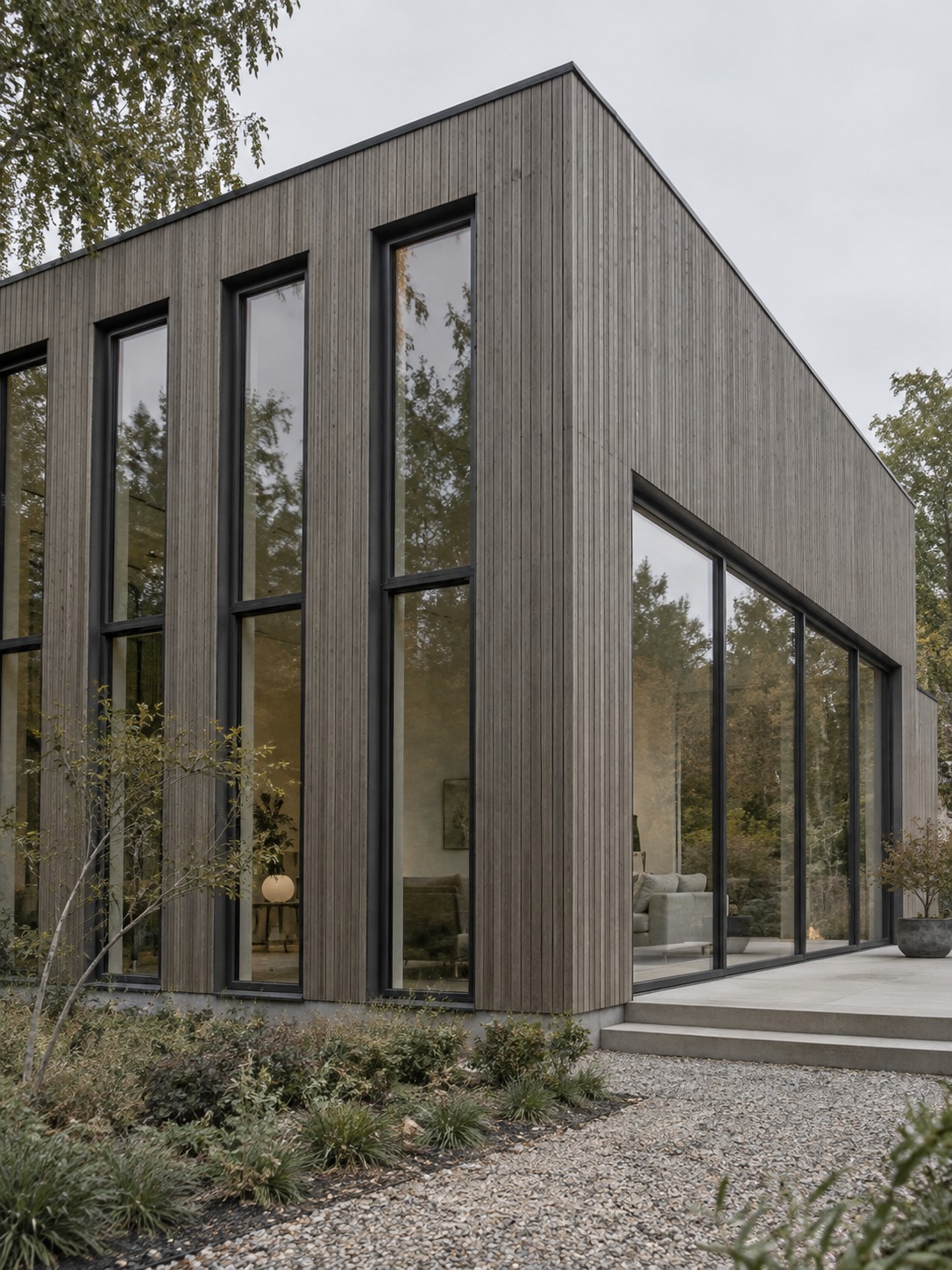 Front side window combinations Tall front windows and wider side glazing with matching charcoal frames on a modern house | Sky Rye Design Tall front windows and wider side glazing with matching charcoal frames on a modern house