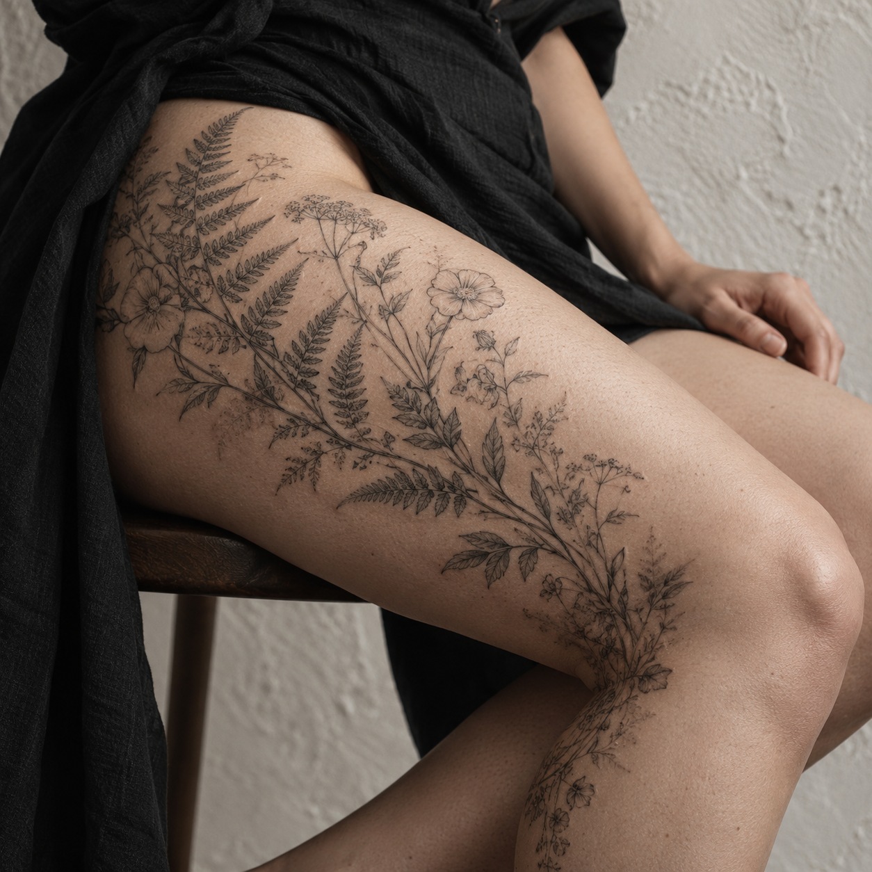 Ferns and wildflowers tattooed across the front thigh