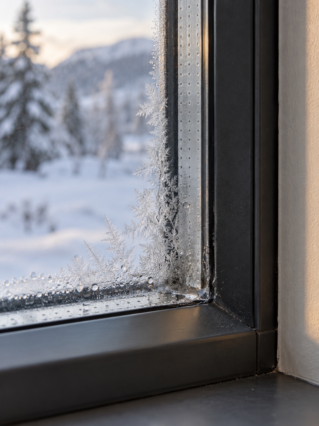 Frost forming at the corner of a modern double-glazed window in blue winter light