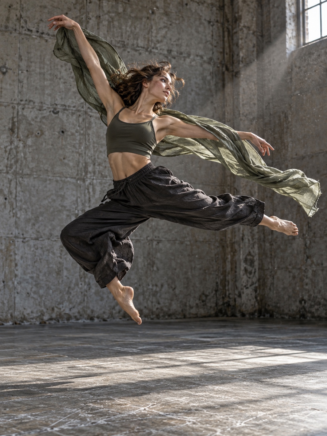 Frozen motion Dancer caught mid-leap with fabric and hair frozen sharp at a fast shutter speed against a concrete wall | Sky Rye Design Dancer caught mid-leap with fabric and hair frozen sharp at a fast shutter speed against a concrete wall