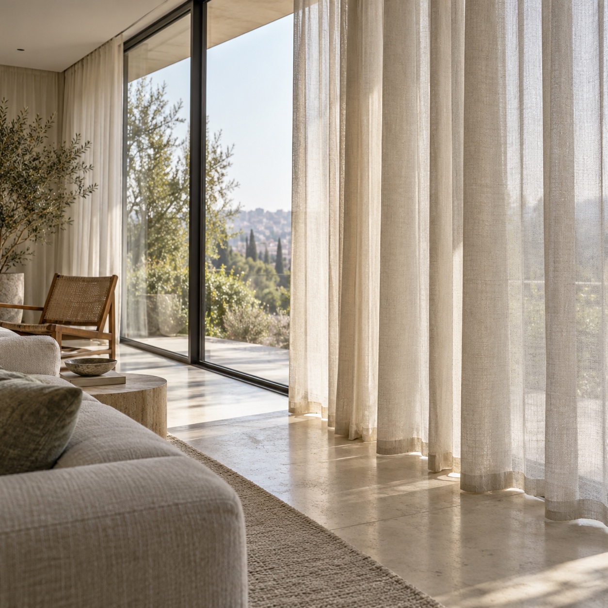 Full-height semi-sheer curtains falling from a recessed ceiling track across lounge glazing