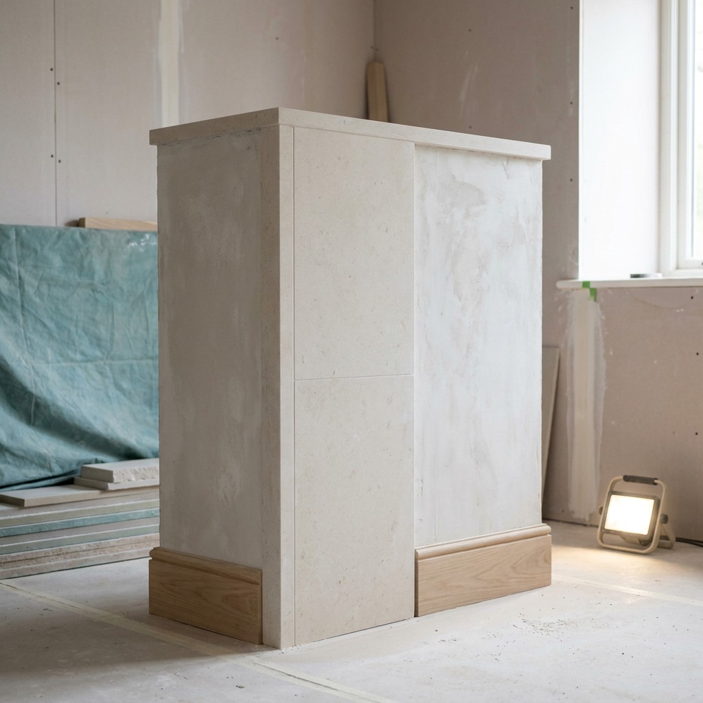 A Full-Size Mockup as the Quality Benchmark Full-size mockup panel on site showing a honed stone base meeting a limewash plaster wall with a recessed shadow-gap skirting | Sky Rye Design Full-size mockup panel on site showing a honed stone base meeting a limewash plaster wall with a recessed shadow-gap skirting