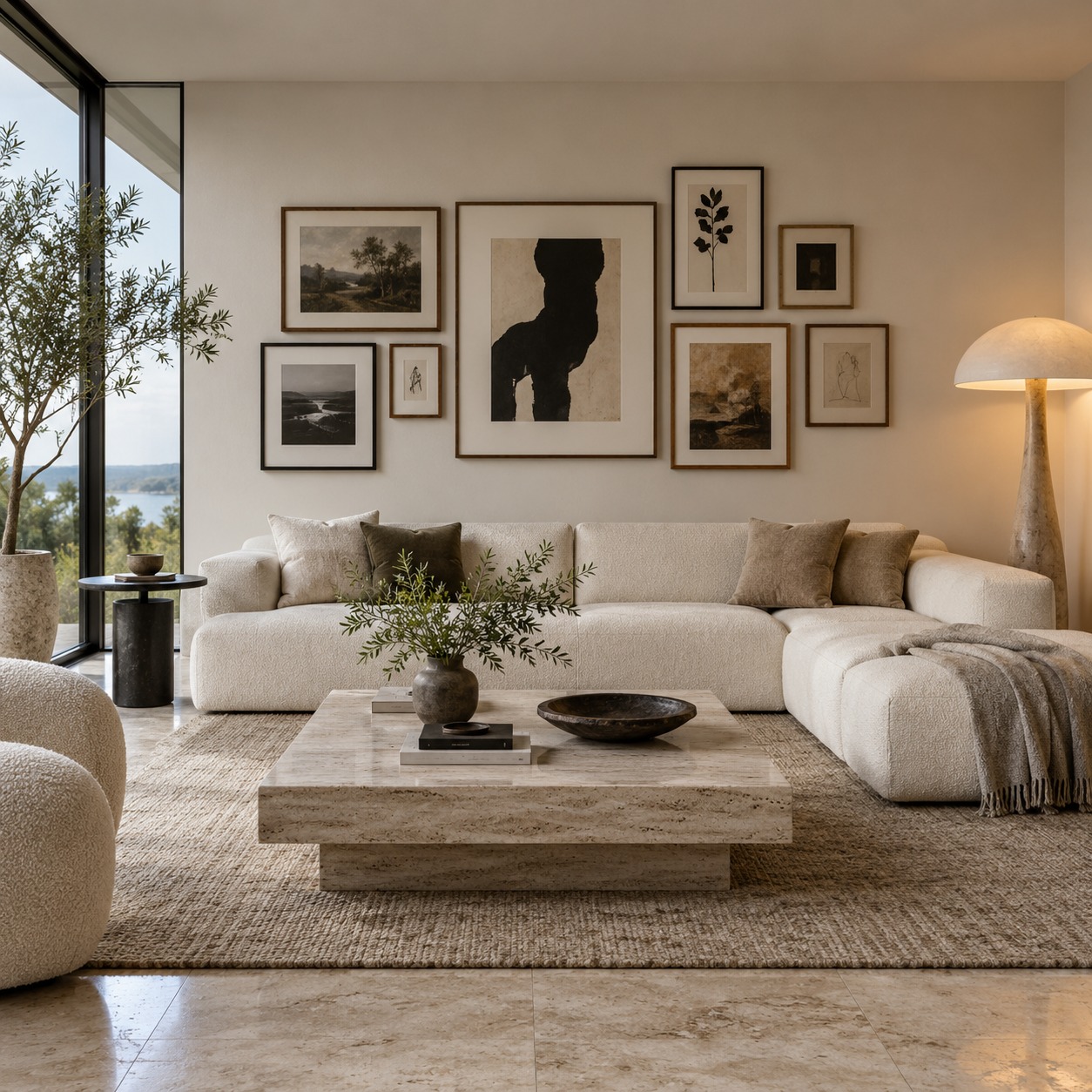 Correctly scaled gallery wall spanning about two-thirds of a large cream sofa