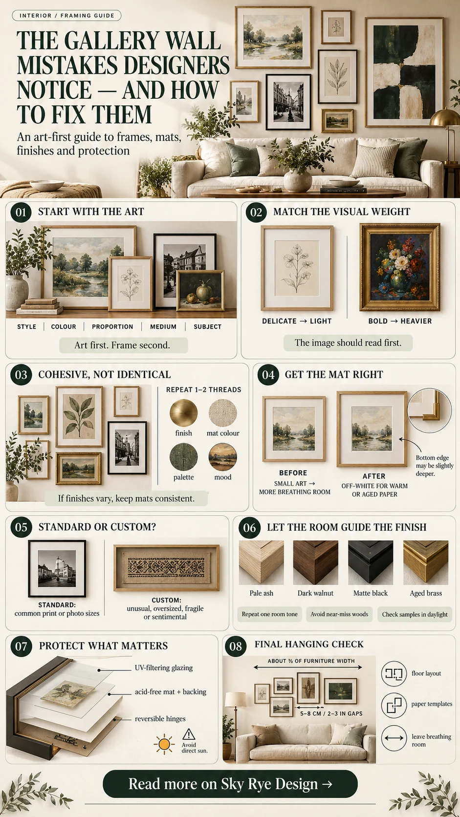 Gallery wall framing mistakes infographic showing how to choose frame weight, mats, finishes, protective materials and hanging dimensions
