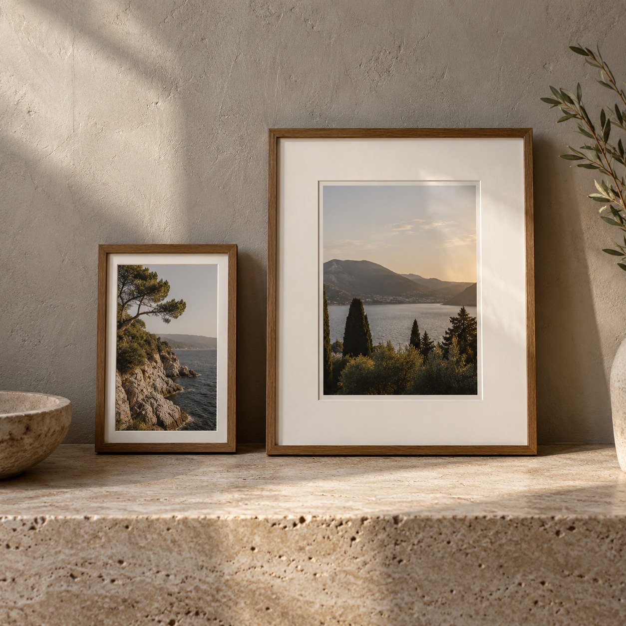 Two framed works comparing a narrow mat with a more balanced generous mat