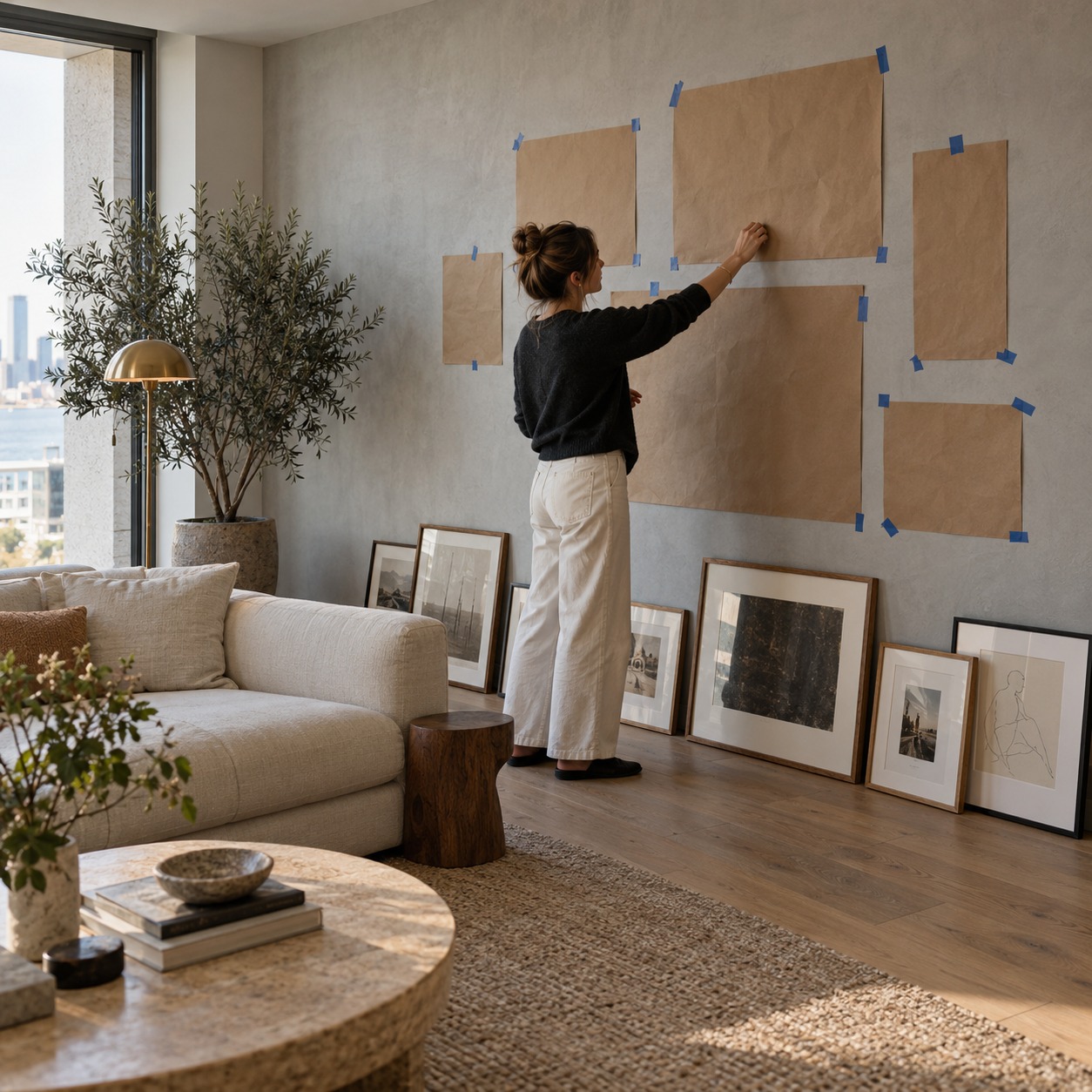 Designer arranging kraft-paper templates on a wall before hanging picture frames