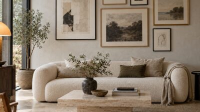 Mixed black, oak and brass frames above a cream boucle sofa in an ultra-modern living room