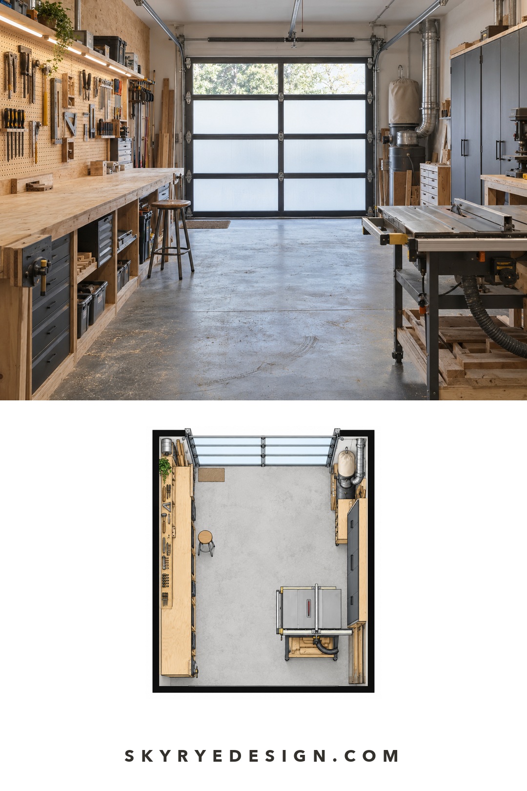 Interior plan for an industrial garage workshop with a long workbench, table saw, cabinets, dust extractor, and clear route