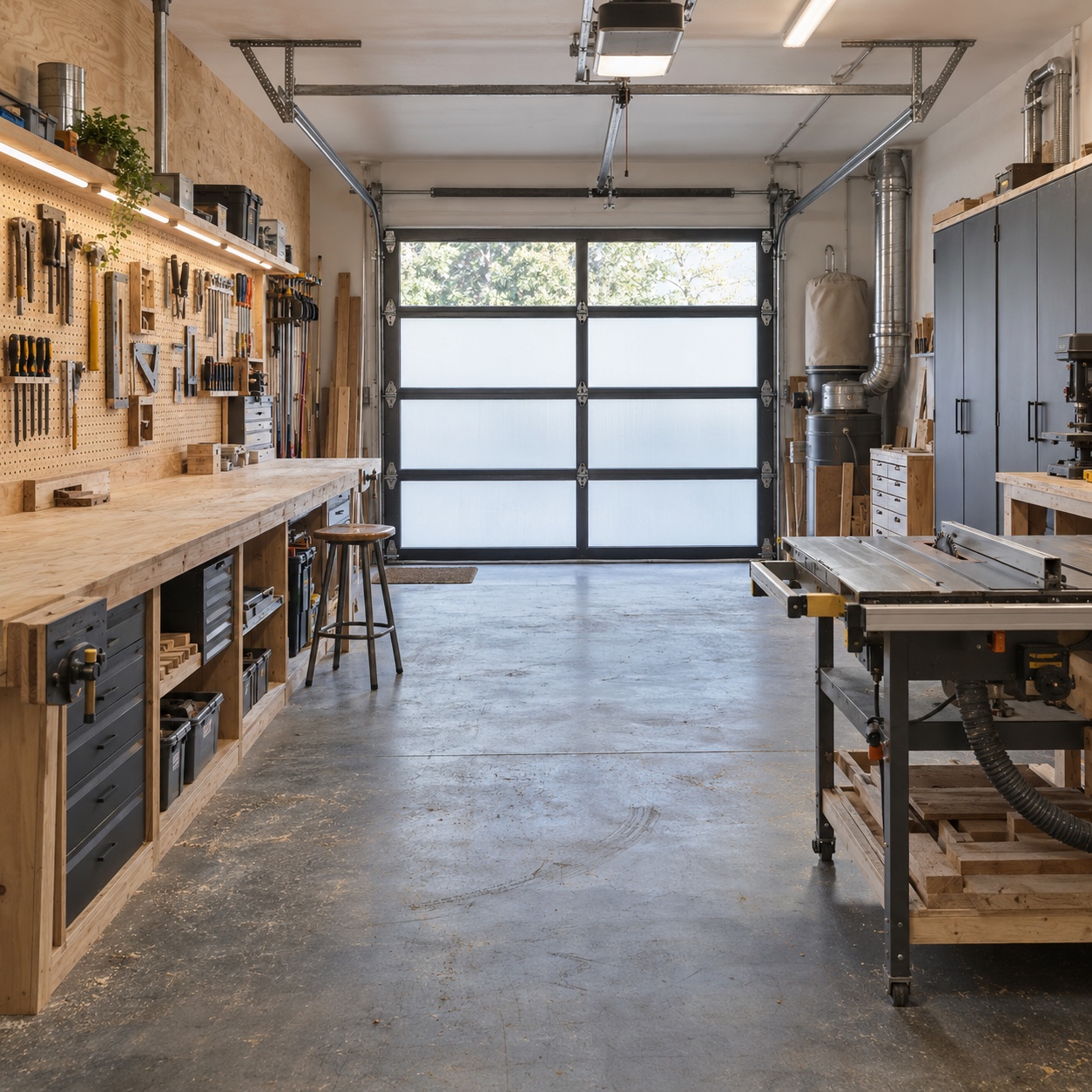 Refined industrial garage workshop with a plywood bench, pegboard, table saw, cabinets, and dust extraction