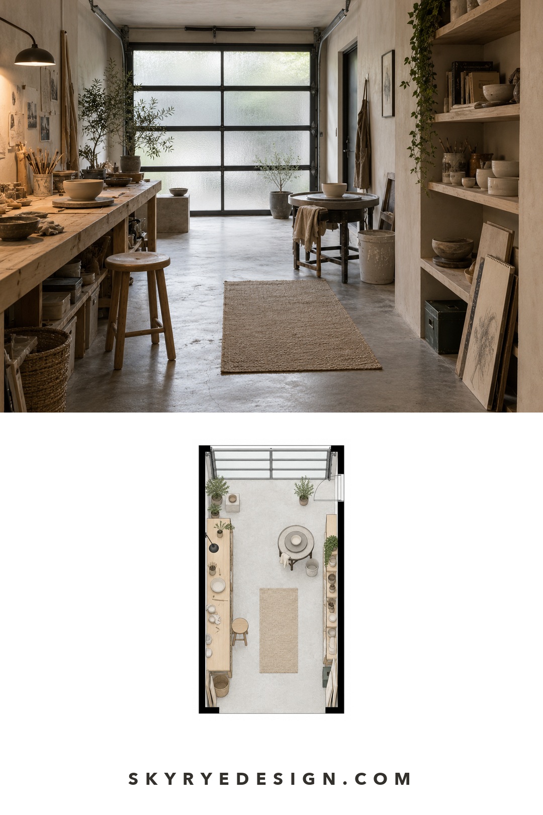 Interior plan for a Japandi garage ceramics studio with a long bench, pottery table, shelving, and glazed door