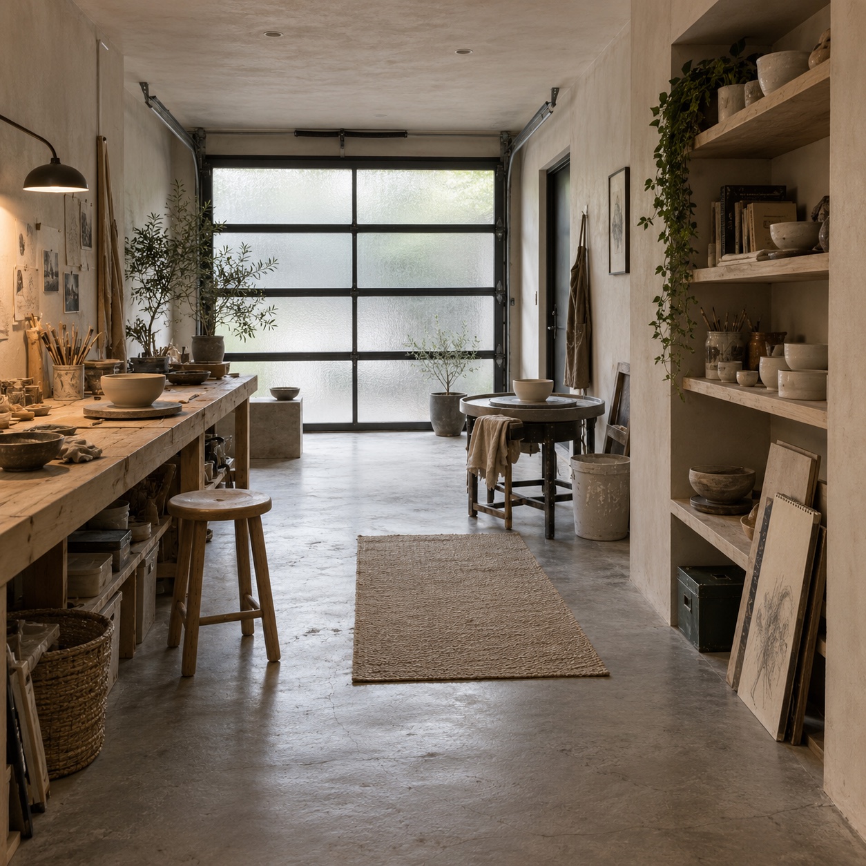 Japandi garage ceramics studio with an oak workbench, pottery table, open shelving, and frosted glazing