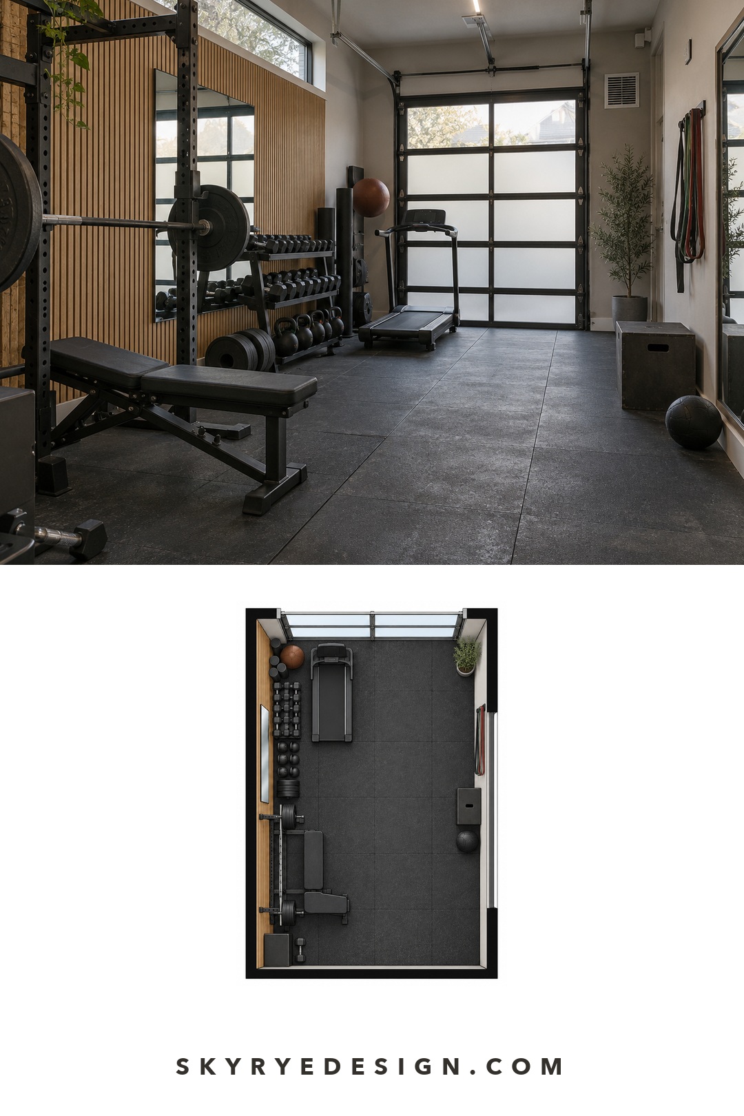 Interior plan for a garage home gym showing the rack, bench, treadmill, weight storage, and clear workout space