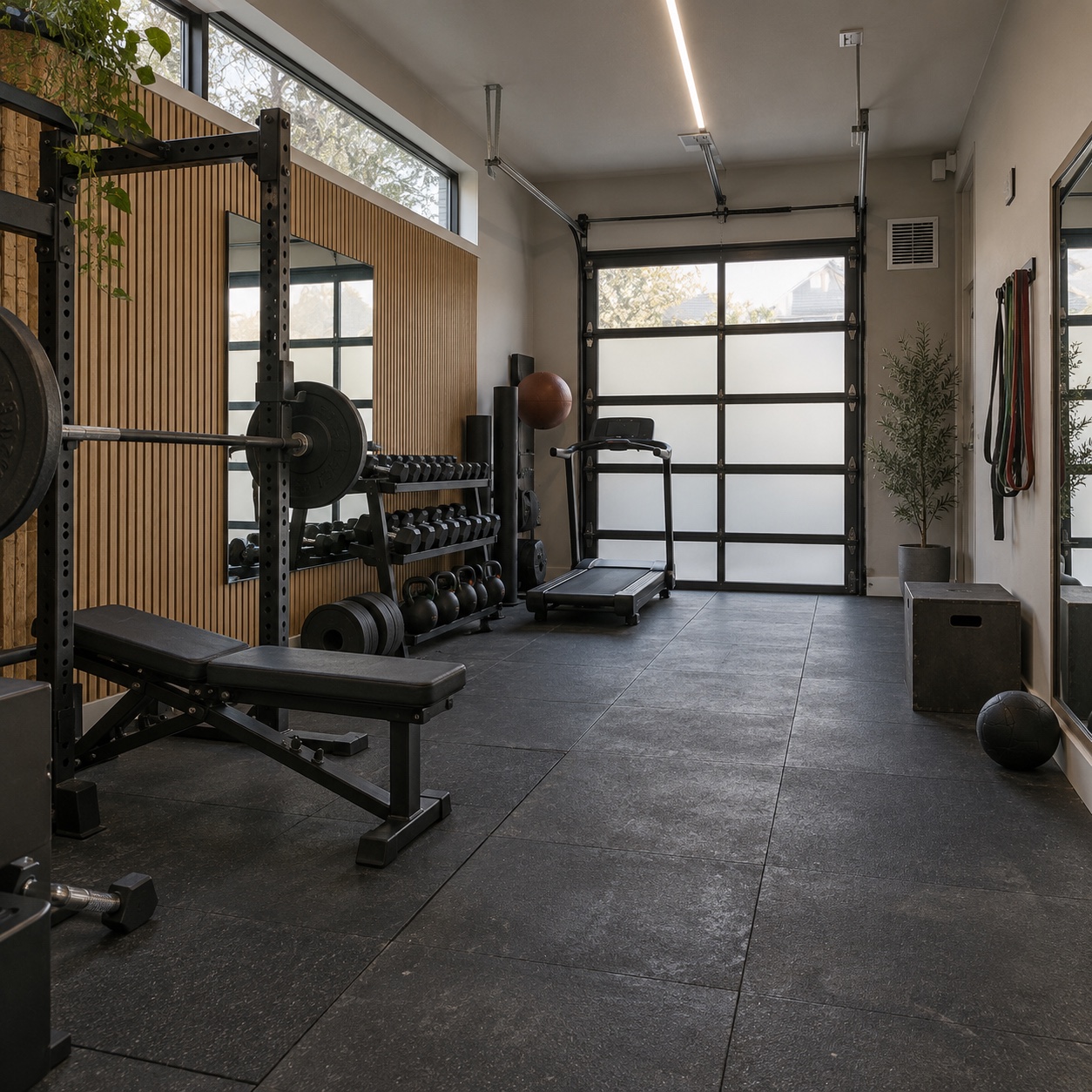 Minimal garage home gym with a squat rack, bench, treadmill, free weights, rubber flooring, and ventilation