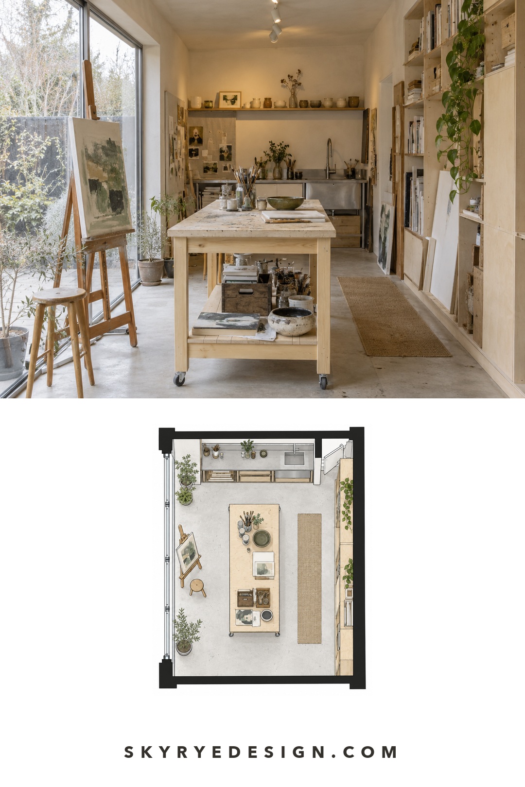 Interior plan for a modern garage art studio with a central table, sink, glazing, storage, and clear circulation