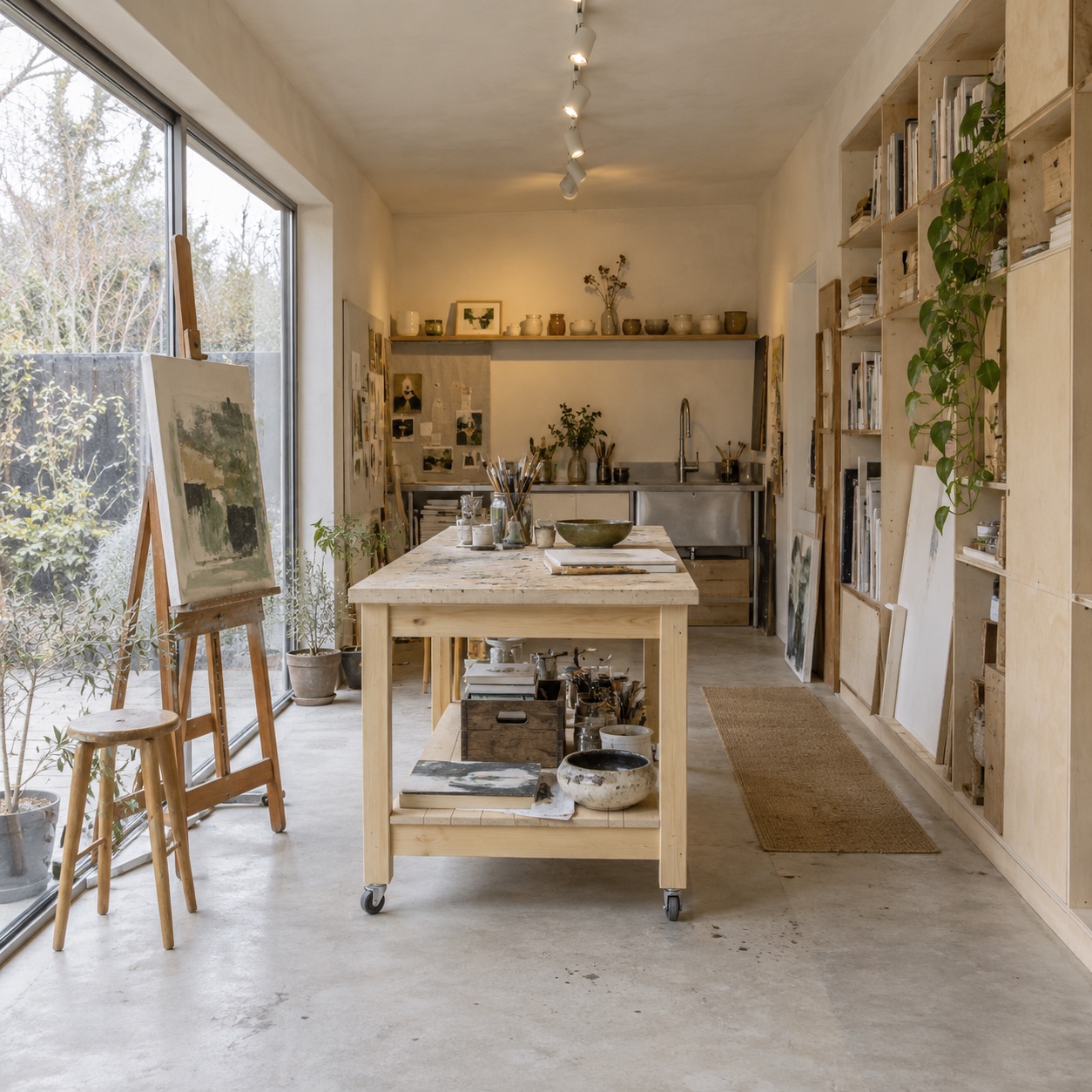Modern garage art studio with a birch worktable, full-height glazing, sink, and built-in storage