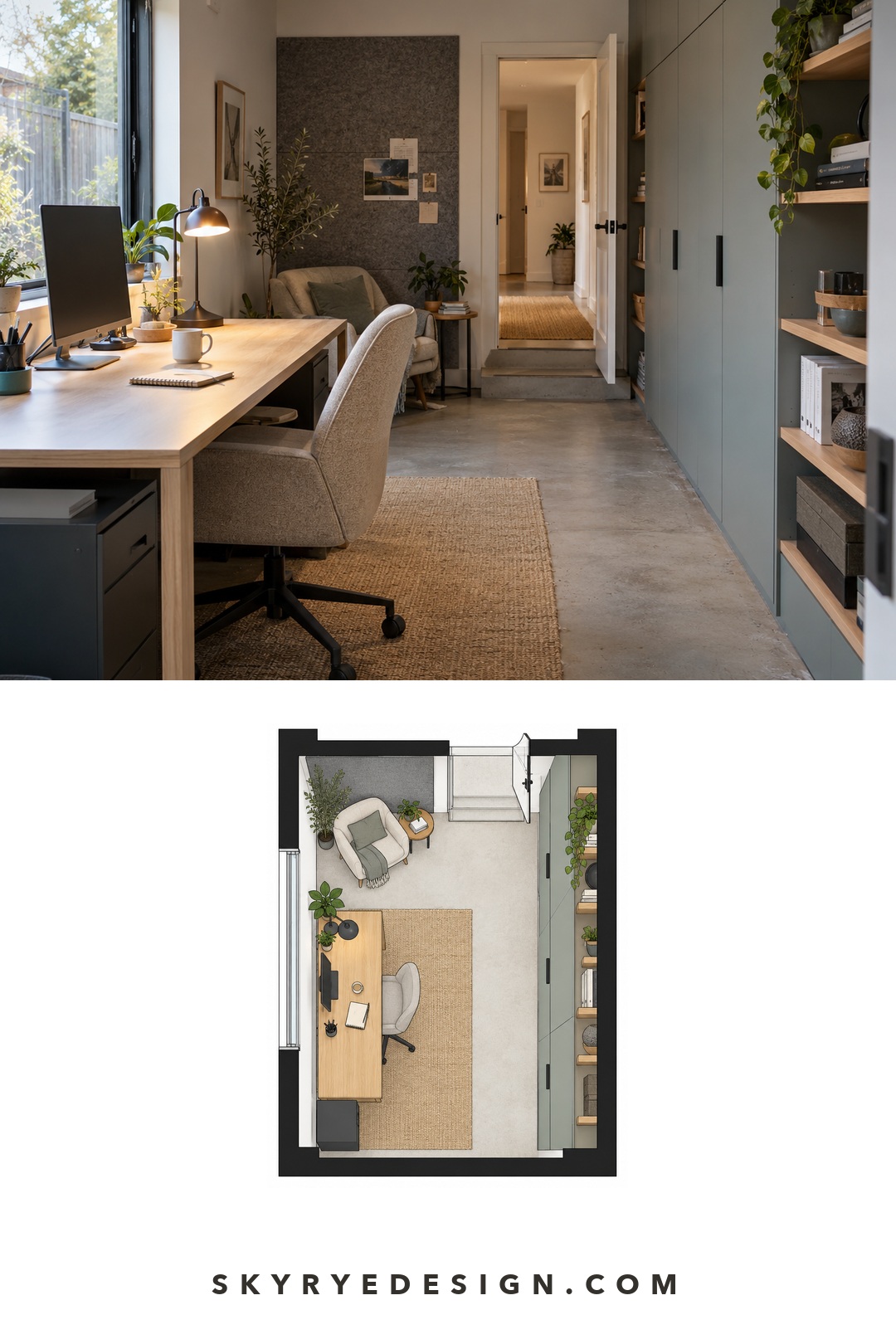 Interior plan for a Scandinavian garage office with an oak desk, reading chair, side window, storage, and central walkway