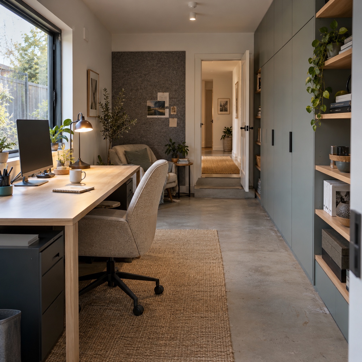 Scandinavian garage home office with an oak desk, side window, acoustic panel, reading chair, and storage wall