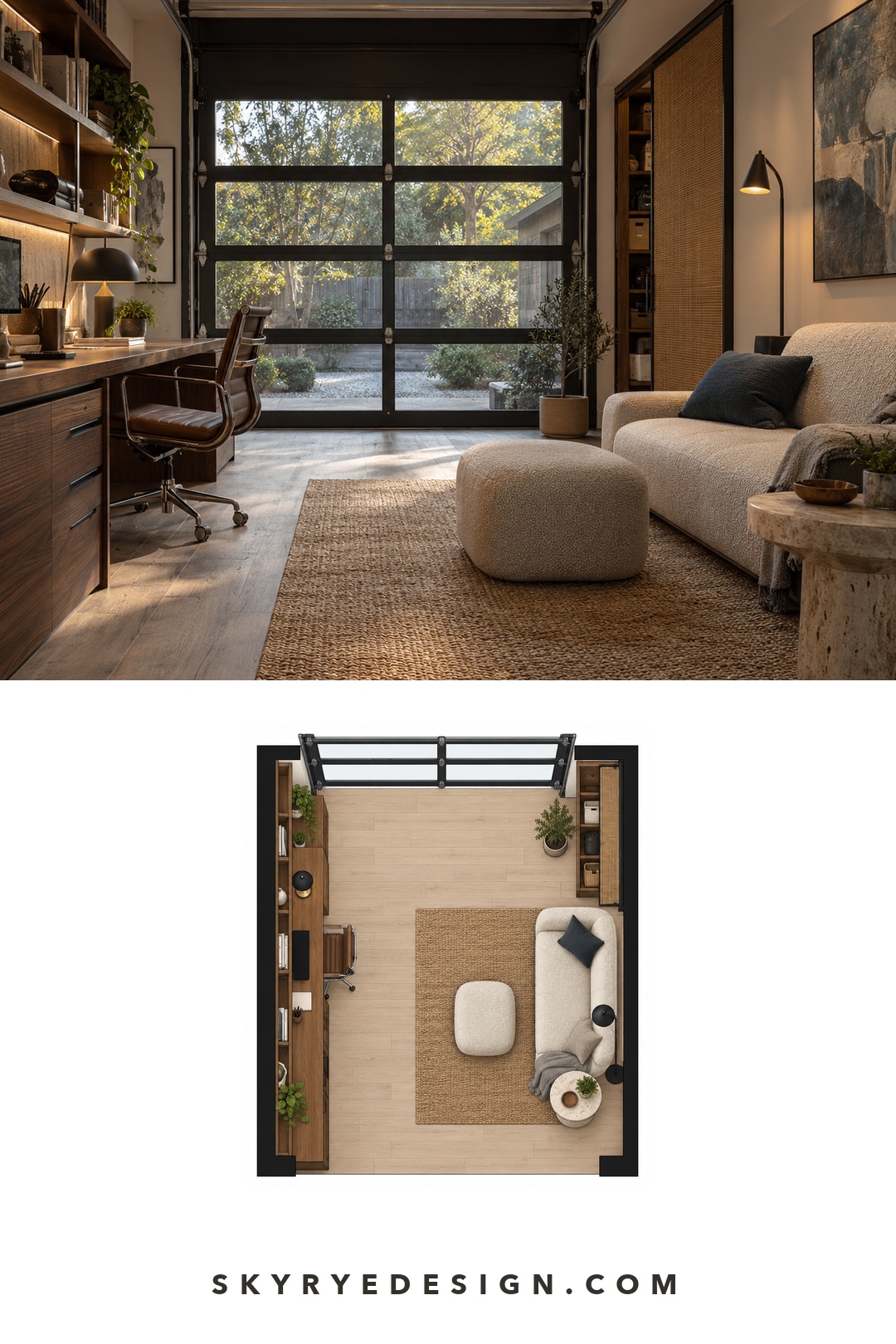 Interior plan for a warm contemporary garage office and lounge with a long desk, sofa, ottoman, glazing, and storage screen