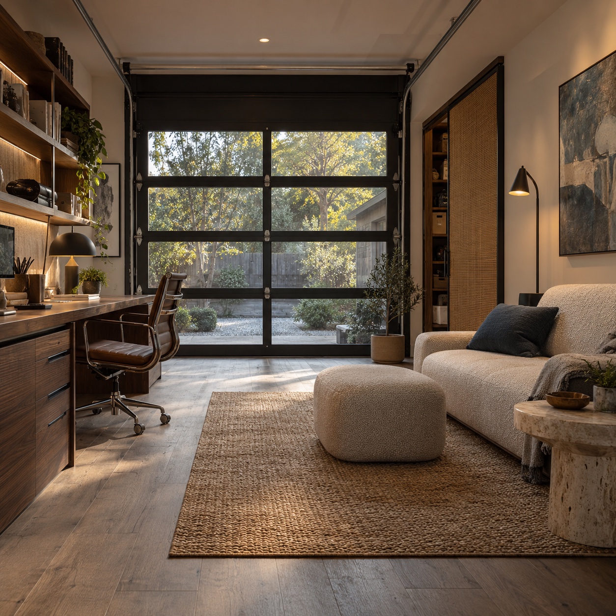 Warm contemporary garage office and lounge with walnut cabinetry, cream seating, glazed garage door, and concealed storage